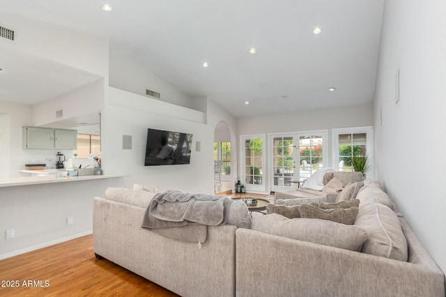 living room featuring light wood-type flooring and high vaulted ceiling