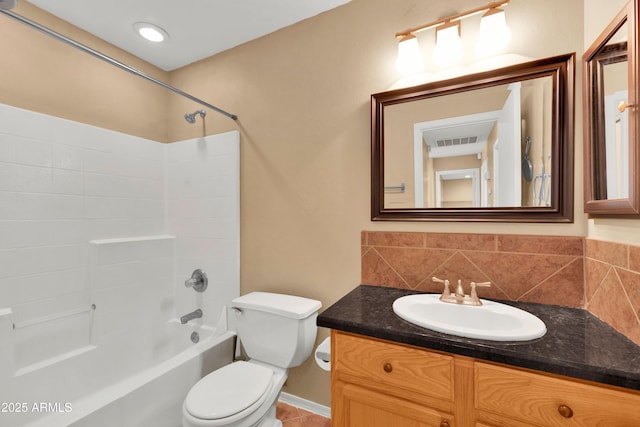 bathroom with visible vents, shower / bathing tub combination, decorative backsplash, toilet, and vanity