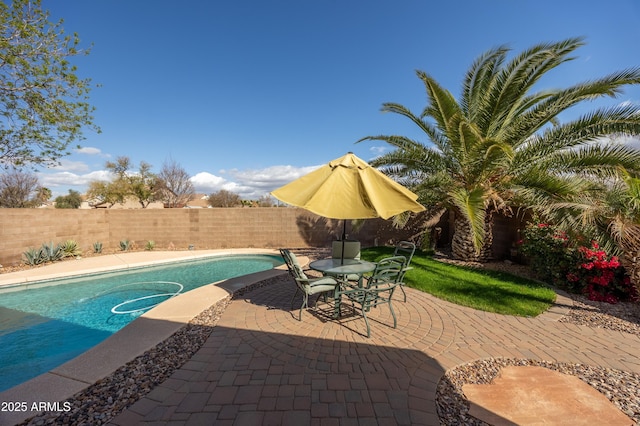 view of swimming pool with a fenced in pool, a patio area, and a fenced backyard