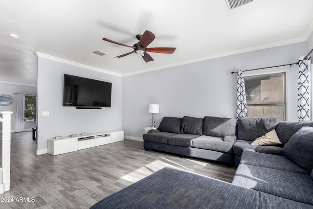 living room featuring hardwood / wood-style flooring, ceiling fan, and crown molding