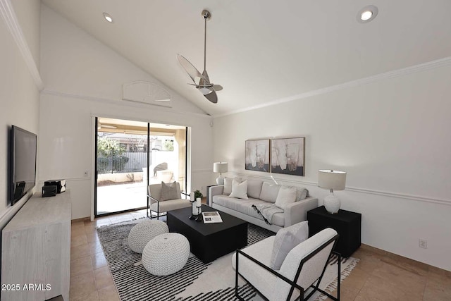 living room with high vaulted ceiling, light tile patterned floors, and ceiling fan