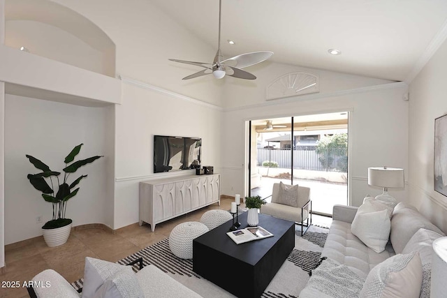 living room with vaulted ceiling, ornamental molding, ceiling fan, and light tile patterned flooring