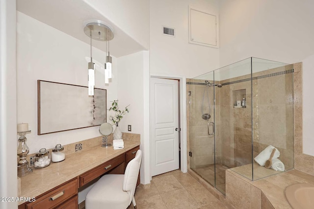 bathroom with vanity, plus walk in shower, and a high ceiling