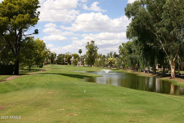 view of home's community featuring a water view and a lawn