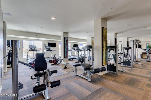 exercise room featuring carpet