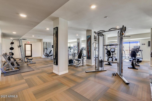 workout area featuring carpet flooring