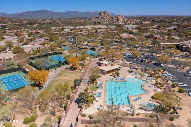 drone / aerial view featuring a mountain view