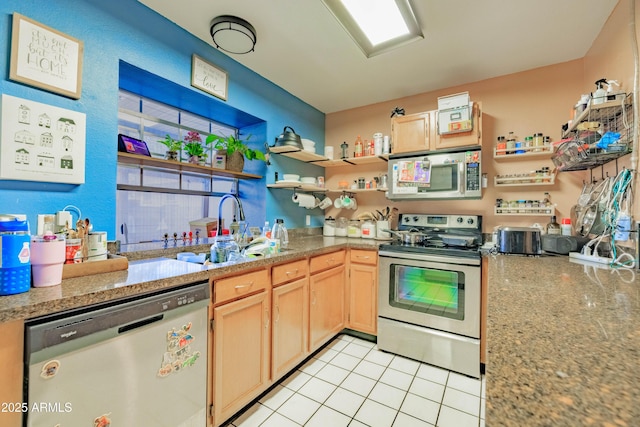 8111 W Wacker Rd Unit 62, Peoria, AZ 85381 - kitchen with stainless steel appliances, open shelves, a sink, light tile patterned flooring, and light brown cabinetry