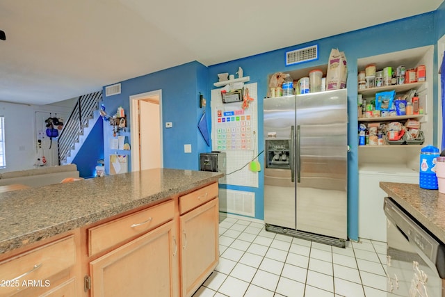 8111 W Wacker Rd Unit 62, Peoria, AZ 85381 - kitchen with stainless steel fridge with ice dispenser, dishwashing machine, light brown cabinets, light tile patterned flooring, and open floor plan