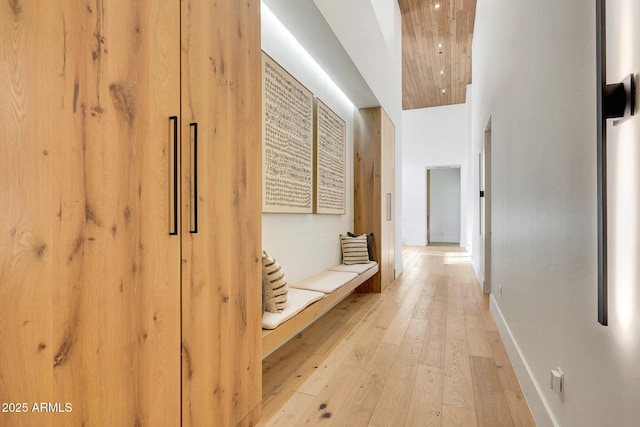 hallway with a towering ceiling and light hardwood / wood-style floors