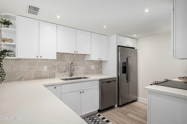 kitchen with stainless steel appliances, sink, white cabinets, light hardwood / wood-style flooring, and backsplash