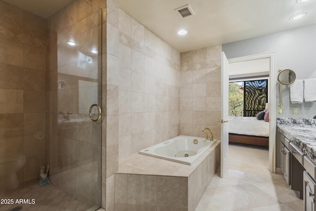 bathroom featuring vanity and plus walk in shower