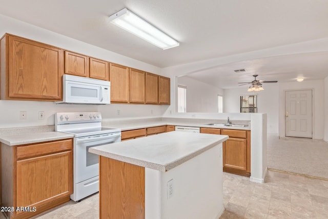 kitchen with ceiling fan, a sink, white appliances, a peninsula, and visible vents