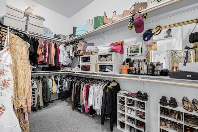 walk in closet featuring carpet floors and vaulted ceiling