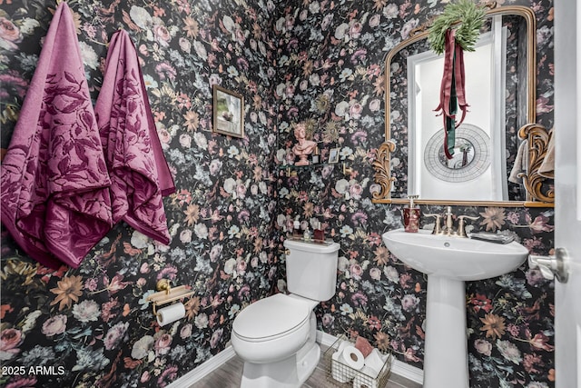 bathroom featuring wood-type flooring and toilet