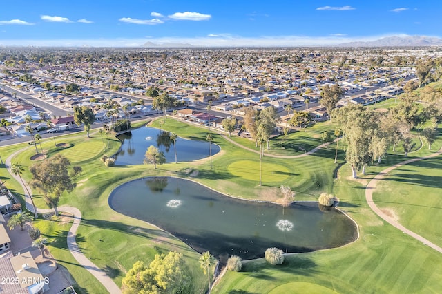 bird's eye view with a residential view, a water view, and golf course view