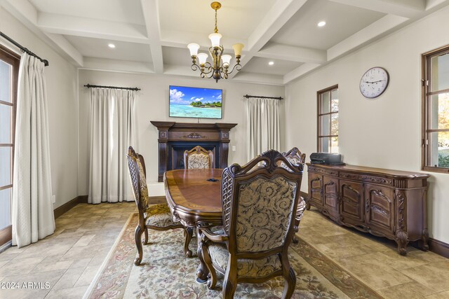 10125 E Cortez Dr, Scottsdale, AZ 85260 - dining space with a chandelier, coffered ceiling, beam ceiling, a fireplace, and recessed lighting