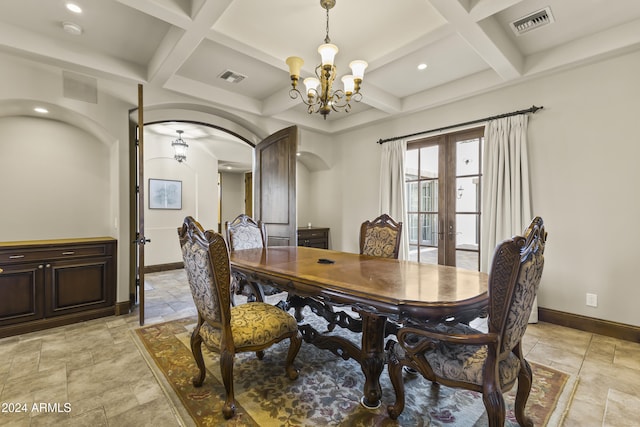 10125 E Cortez Dr, Scottsdale, AZ 85260 - dining area with coffered ceiling, arched walkways, a chandelier, french doors, and stone tile floors