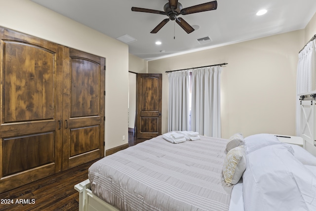 10125 E Cortez Dr, Scottsdale, AZ 85260 - bedroom with dark wood-style flooring, recessed lighting, and ceiling fan