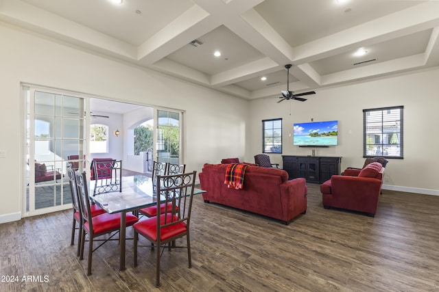 10125 E Cortez Dr, Scottsdale, AZ 85260 - dining space with ceiling fan, plenty of natural light, wood finished floors, coffered ceiling, and beamed ceiling