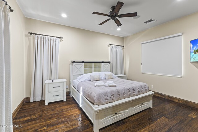 10125 E Cortez Dr, Scottsdale, AZ 85260 - bedroom featuring dark wood-type flooring, recessed lighting, and ceiling fan
