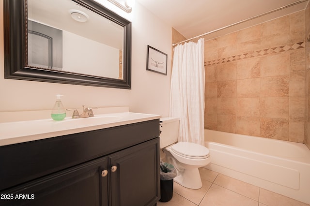 full bathroom with tile patterned floors, vanity, toilet, and shower / tub combo with curtain