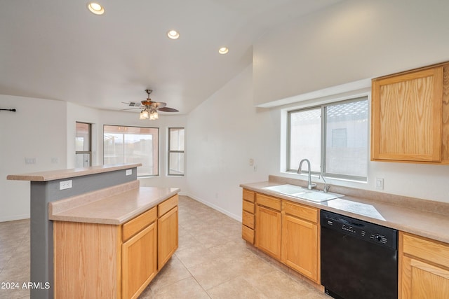 kitchen with light brown cabinetry, sink, a wealth of natural light, and black dishwasher