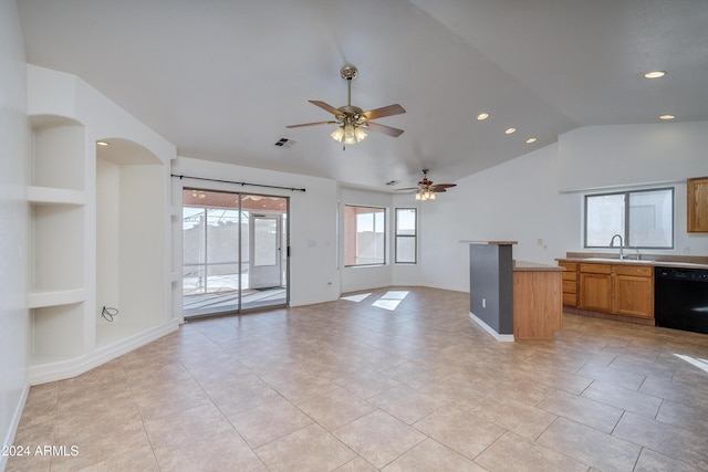 unfurnished living room with lofted ceiling, sink, light tile patterned floors, built in features, and ceiling fan