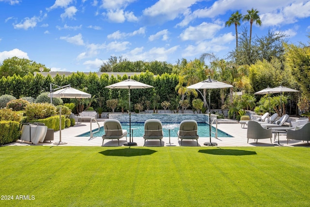 view of pool with a yard and a patio area