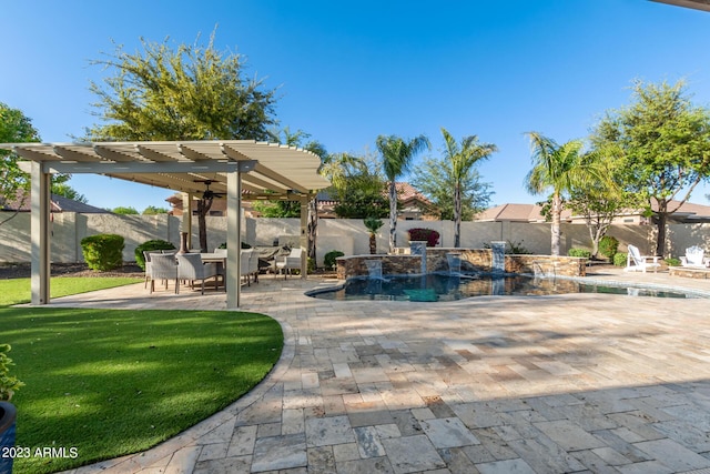 view of patio with a fenced in pool, a fenced backyard, and a pergola