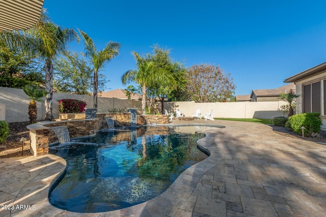 view of swimming pool with a fenced in pool, a patio, and a fenced backyard