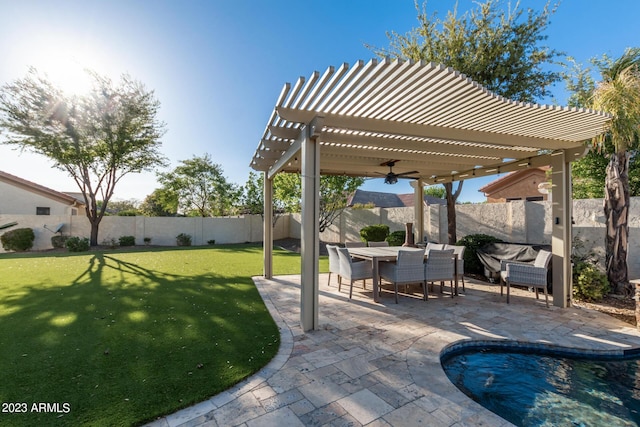 view of patio / terrace featuring outdoor dining area, a fenced backyard, and a pergola
