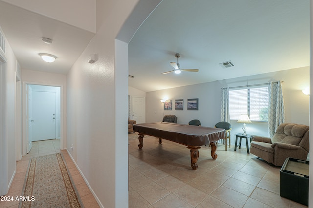 recreation room featuring light tile patterned floors, vaulted ceiling, ceiling fan, and pool table