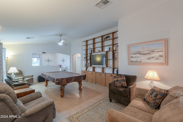 rec room with ceiling fan, light tile patterned flooring, lofted ceiling, and billiards