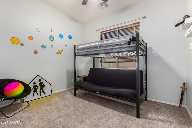 bedroom featuring light colored carpet, ceiling fan, and lofted ceiling