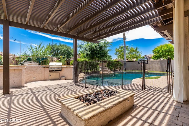 view of patio with a pergola, area for grilling, and a grill