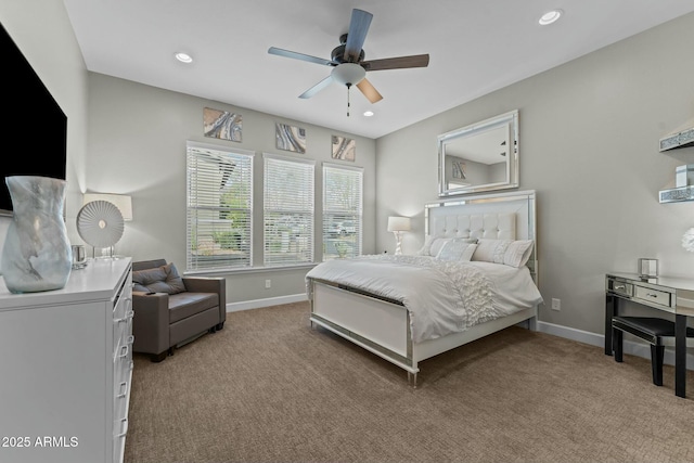 bedroom featuring recessed lighting, light carpet, ceiling fan, and baseboards