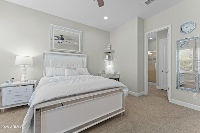 carpeted bedroom featuring a ceiling fan, recessed lighting, visible vents, and baseboards