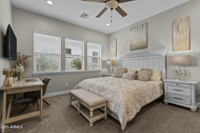 carpeted bedroom featuring a ceiling fan, recessed lighting, visible vents, and baseboards