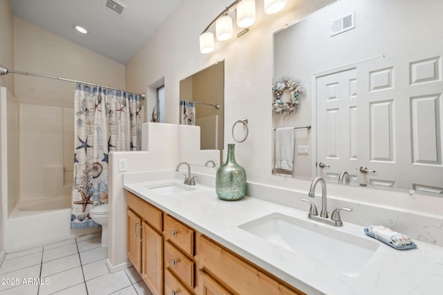 4918 W Wahalla Ln, Glendale, AZ 85308 - bathroom featuring shower / bath combo with shower curtain, tile patterned flooring, and double vanity