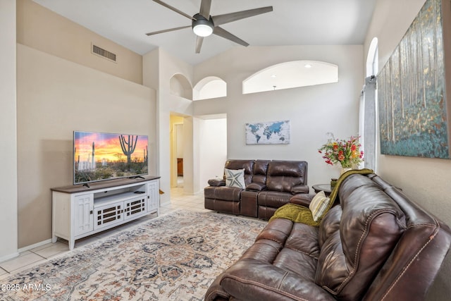 4918 W Wahalla Ln, Glendale, AZ 85308 - living area with ceiling fan, light tile patterned floors, and high vaulted ceiling