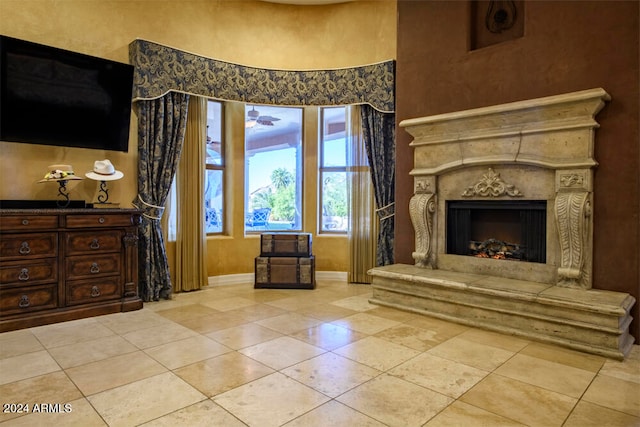 living area featuring a fireplace