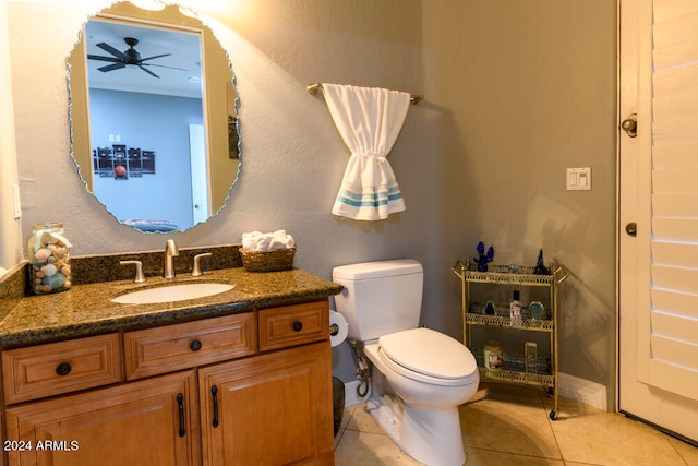 bathroom with tile patterned floors, ceiling fan, toilet, and vanity