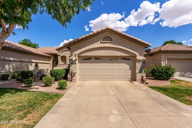 23813 S Pleasant Way, Sun Lakes, AZ 85248 - mediterranean / spanish home with concrete driveway, a tiled roof, stucco siding, and a garage