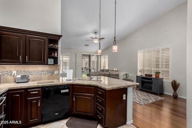 23813 S Pleasant Way, Sun Lakes, AZ 85248 - kitchen with a sink, dark brown cabinets, a peninsula, and dishwasher