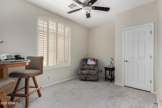 23813 S Pleasant Way, Sun Lakes, AZ 85248 - living area featuring visible vents, plenty of natural light, carpet floors, and ceiling fan