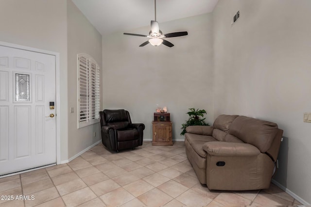 23813 S Pleasant Way, Sun Lakes, AZ 85248 - sitting room featuring visible vents, baseboards, high vaulted ceiling, a ceiling fan, and light tile patterned floors