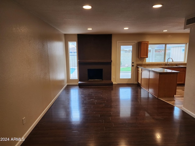 unfurnished living room featuring dark hardwood / wood-style flooring and sink