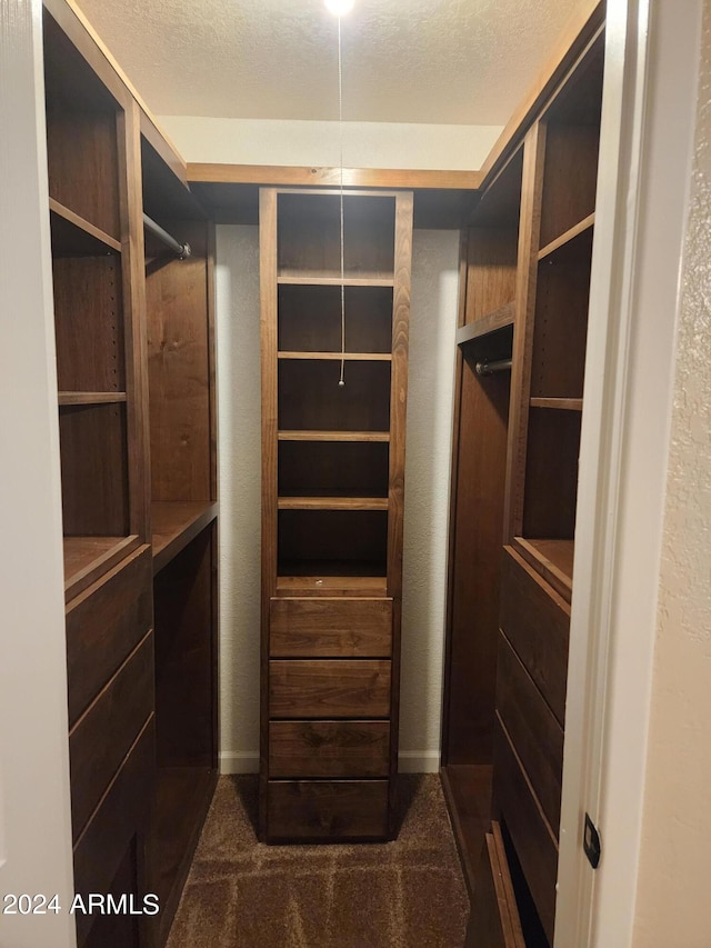 spacious closet featuring dark colored carpet