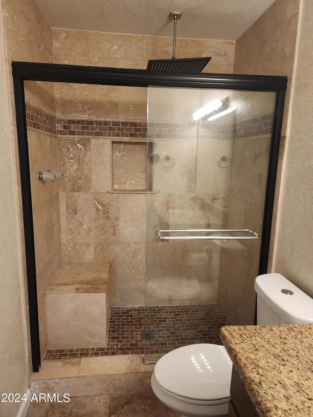 bathroom featuring toilet, a shower with door, vanity, and a textured ceiling